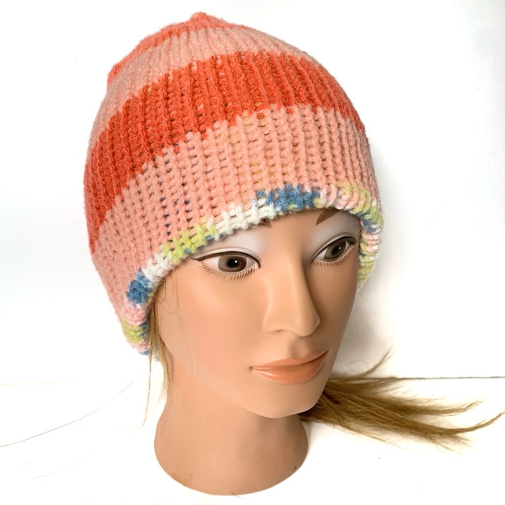 Pink Striped Reversible Knit Winter Hat Toque